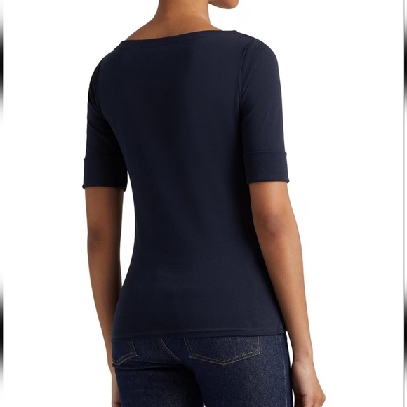 EUC Ralph Lauren Stretch Cotton Blend Boat Neck Short Rolled Sleeve Navy Shirt - Picture 2 of 10